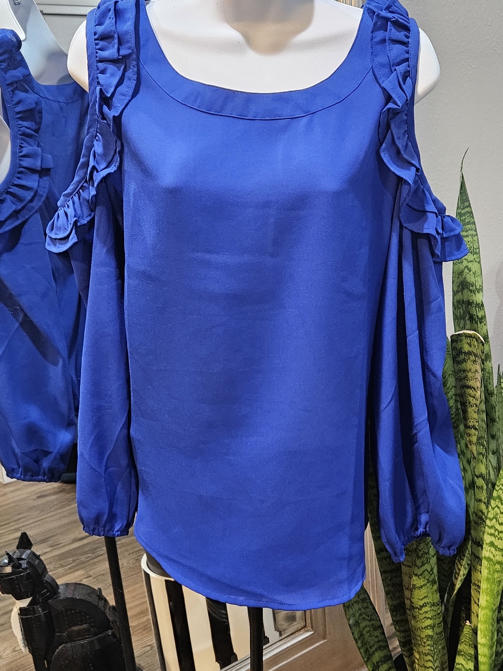 Women's Royal Blue Cold-Shoulder Ruffle Blouse